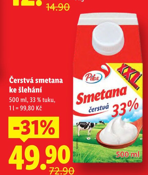 Smetana ke šlehání Pilos 33%