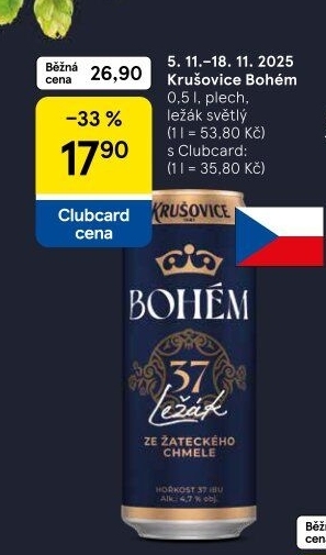 Pivo světlý ležák Bohém Krušovice