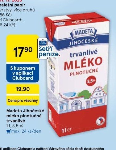 Madeta Jihočeské mléko plnotučné trvanlivé 1 l, 3,5 %