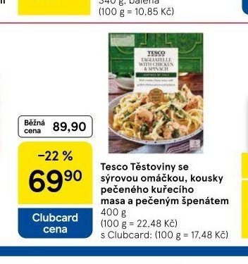 Tesco Těstoviny se sýrovou omáčkou, kousky pečeného kuřecího masa a pečeným špenátem