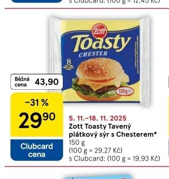 Zott Toasty Tavený plátkový sýr s Chesterem
