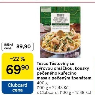 Těstoviny s omáčkou, pečeným kuřecím masem a špenátem Tesco