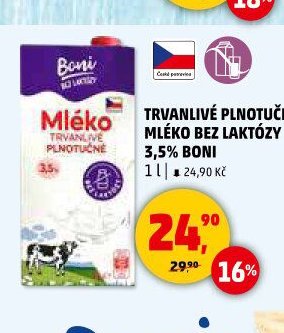 Trvanlivé plnotučné mléko bez laktózy 3,5% Boni 1 l