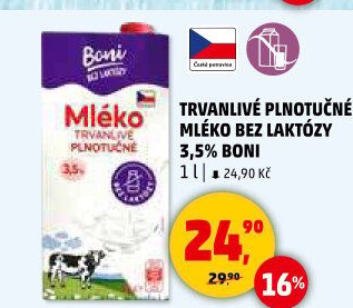 Mléko trvanlivé bez laktózy - 3,5% plnotučné Boni