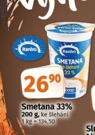 Smetana ke šlehání Ranko 33%
