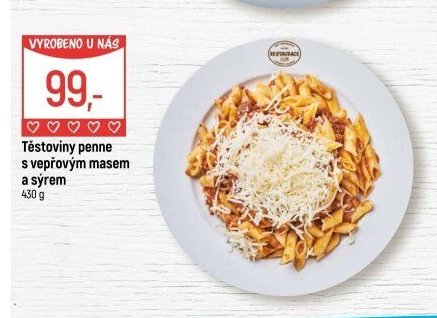 Těstoviny penne s vepřovým masem a sýrem