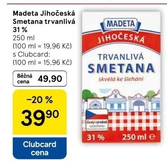 Smetana ke šlehání trvanlivá Jihočeská Madeta 31%