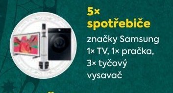 5x spotřebiče značky Samsung (1x TV, 1x pračka, 3x tyčový vysavač)