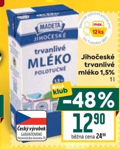 Mléko trvanlivé Jihočeské Madeta - 1,5% polotučné