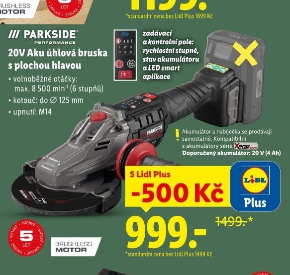 PARKSIDE PERFORMANCE 20V Aku úhlová bruska s plochou hlavou