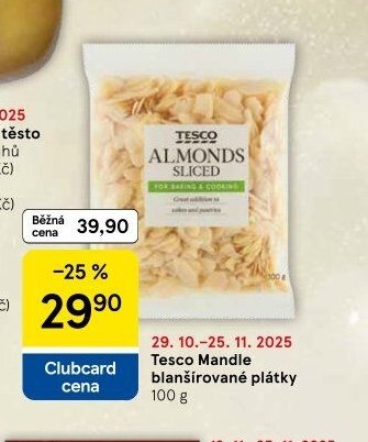 Tesco Mandle blanšírované plátky 100 g