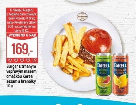 Burger s trhaným vepřovým masem, omáčkou Korea sezam a hranolky