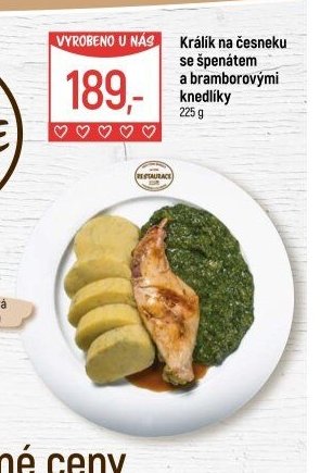 Králík na česneku se špenátem a bramborovými knedlíky