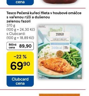 Tesco Pečená kuřecí fileta v houbové omáčce s vařenou rýží a dušenou zelenou fazolí