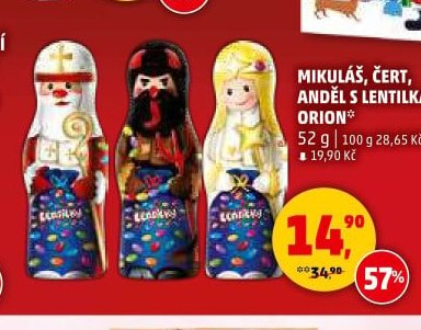 Mikuláš, čert, anděl s lentilkami Orion