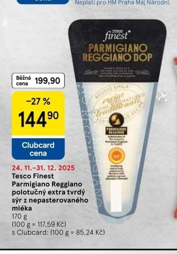 Tesco Finest Parmigiano Reggiano polotučný extra tvrdý sýr z nepasterovaného mléka - Tesco akcniletaky.com