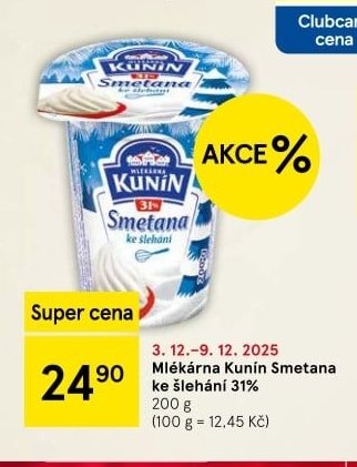 Mlékárna Kunín Smetana ke šlehání 31% 200 g