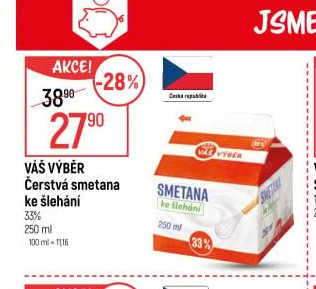 Váš Výběr Čerstvá smetana ke šlehání 33% 250 ml
