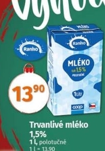 Mléko trvanlivé Ranko - polotučné 1,5%
