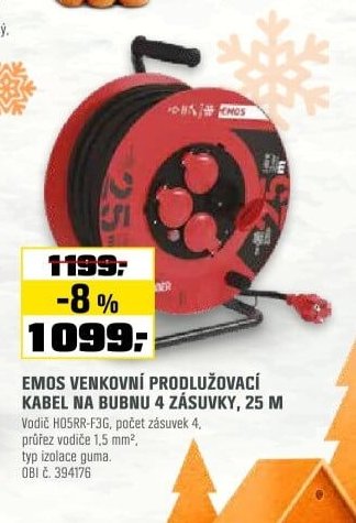 EMOS VENKOVNÍ PRODLUŽOVACÍ KABEL NA BUBNU 4 ZÁSUVKY, 25 M