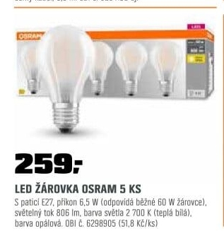 LED BASE CLA60 6,5W827 GLFR E27, 5ks