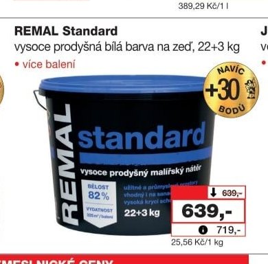 REMAL Standard vysoce prodyšná bílá barva na zeď, 22+3 kg