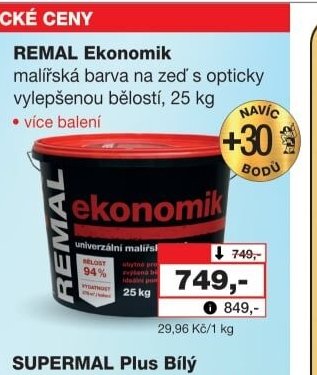 REMAL Ekonomik malířská barva na zeď s opticky vylepšenou bělostí, 25 kg