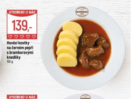 Hovězí kostky na černém pepři s bramborovými knedlíky