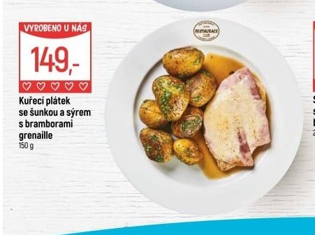 Kuřecí plátek se šunkou a sýrem s bramborami grenaille