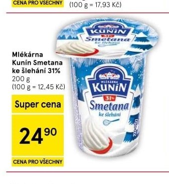 Mlékárna Kunín Smetana ke šlehání 31%