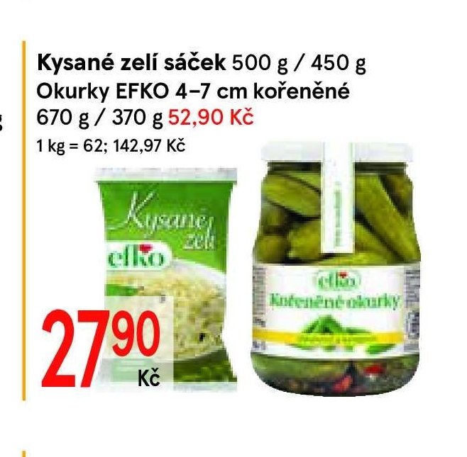 Kysané zelí sáček 500 g / 450 g, Okurky EFKO 4-7 cm kořeněné 670 g / 370 g - Žabka akcniletaky.com