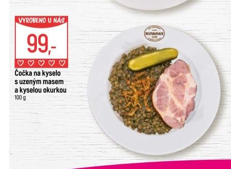 Čočka na kyselo s uzeným masem a kyselou okurkou