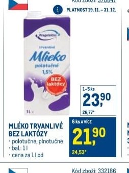 MLÉKO TRVANLIVÉ BEZ LAKTÓZY