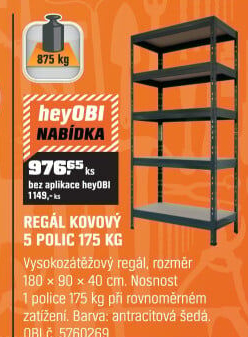 Regál kovový 5 policantracit 175kg/pol.