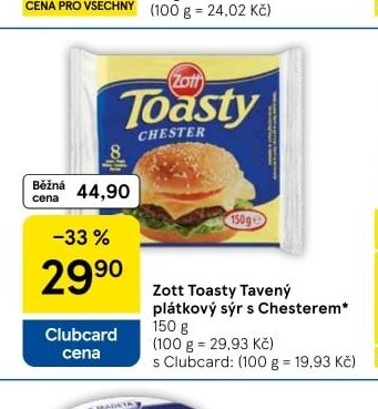 Zott Toasty Tavený plátkový sýr s Chesterem 150 g