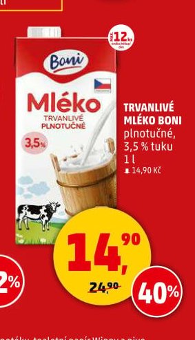 Trvanlivé mléko Boni plnotučné 3,5 % tuku
