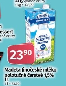 Mléko čerstvé lahodné Jihočeské Madeta - 1,5% polotučné