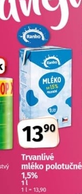 Mléko trvanlivé Ranko - polotučné 1,5%