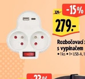 Rozbočovací zásuvka s vypínačem