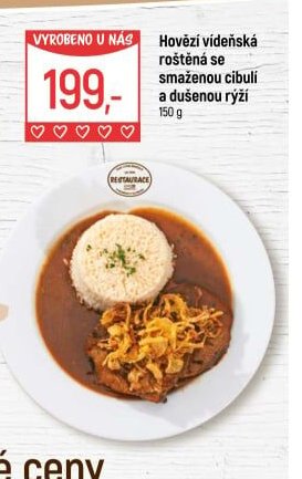 Hovězí vídeňská roštěná se smaženou cibulí a dušenou rýží