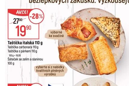 Taštička italská 110 g, Taštička carbonara 110 g, Taštička s párkem 110 g, Šáteček se zelím a slaninou 100 g - Globus akcniletaky.com