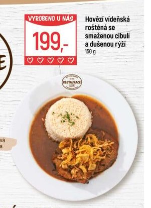 Hovězí vídeňská roštěná se smaženou cibulí a dušenou rýží