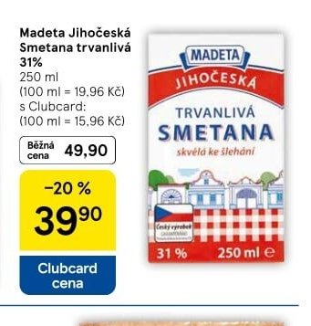 Madeta Jihočeská Smetana trvanlivá 31%