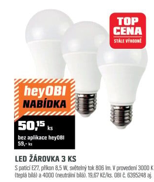 LED zdroj 8,5W,806lm4000K,E27 sada 3ks
