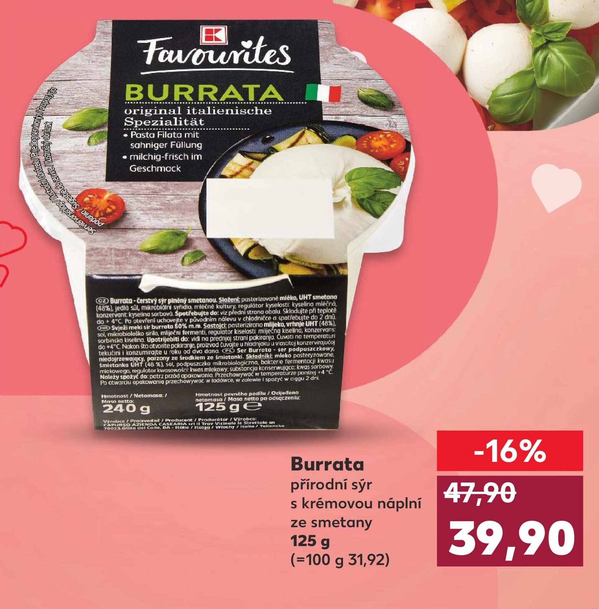 Burrata přírodní sýr s krémovou náplní ze smetany