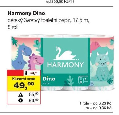 Harmony Dino dětský 3vrstvý toaletní papír, 17,5 m, 8 rolí
