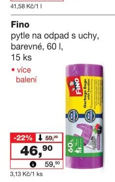 Fino pytle na odpad s uchy, barevné, 60 l, 15 ks