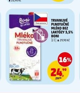 TRVANLIVÉ PLNOTUČNÉ MLÉKO BEZ LAKTÓZY 3,5% BONI