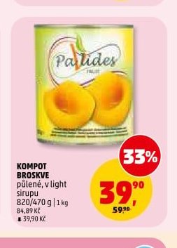 KOMPOT BROSKVE půlené, v light sirupu 820/470 g