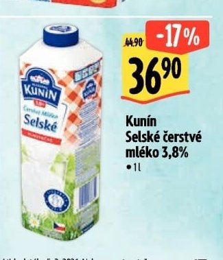 Kunín Selské čerstvé mléko 3,8%
